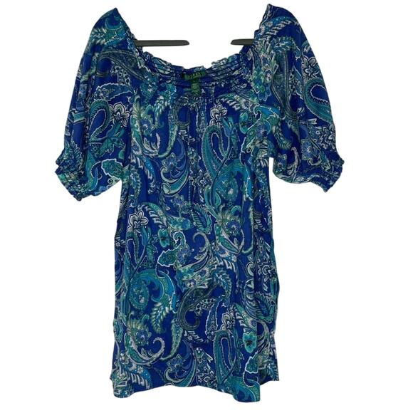 Ralph Lauren Off Shoulder Top L Blue Paisley Peasant Blouse Boho - Picture 1 of 6